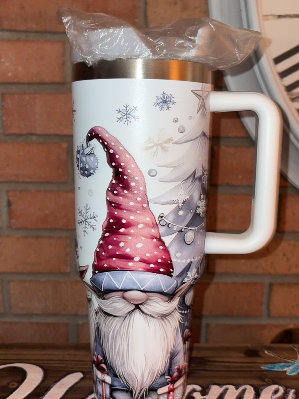 Holiday Gnome Insulated Travel Mug - White and Red